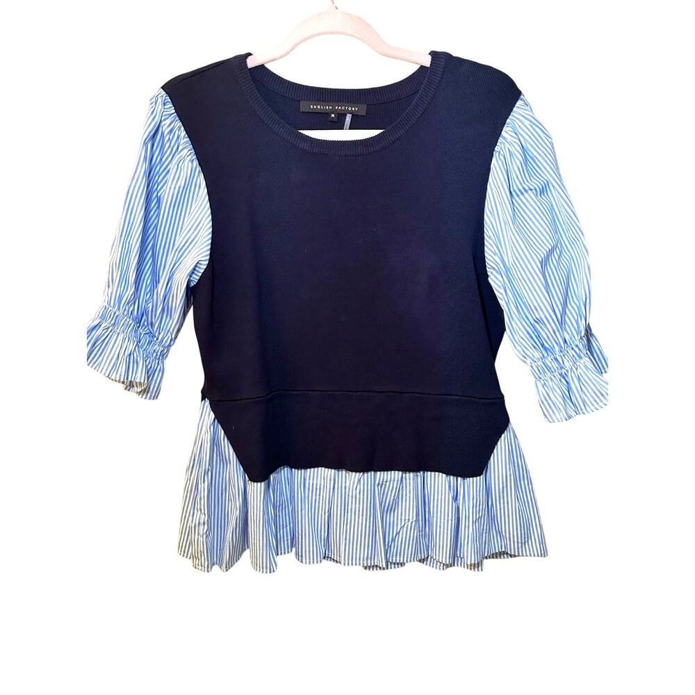 English Factory Navy Mixed Media Sweater Striped Sleeves Peplum Ruffle